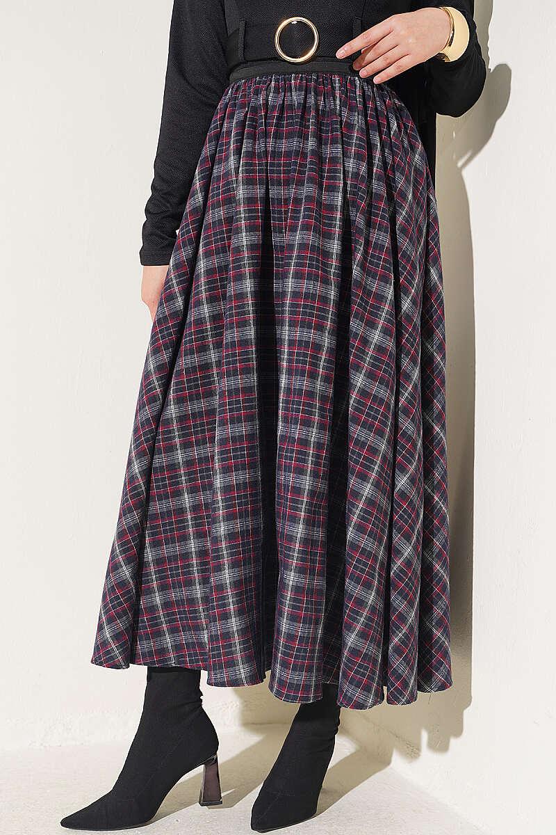 Plaid Flared Skirt with Elastic Waist - Burgundy