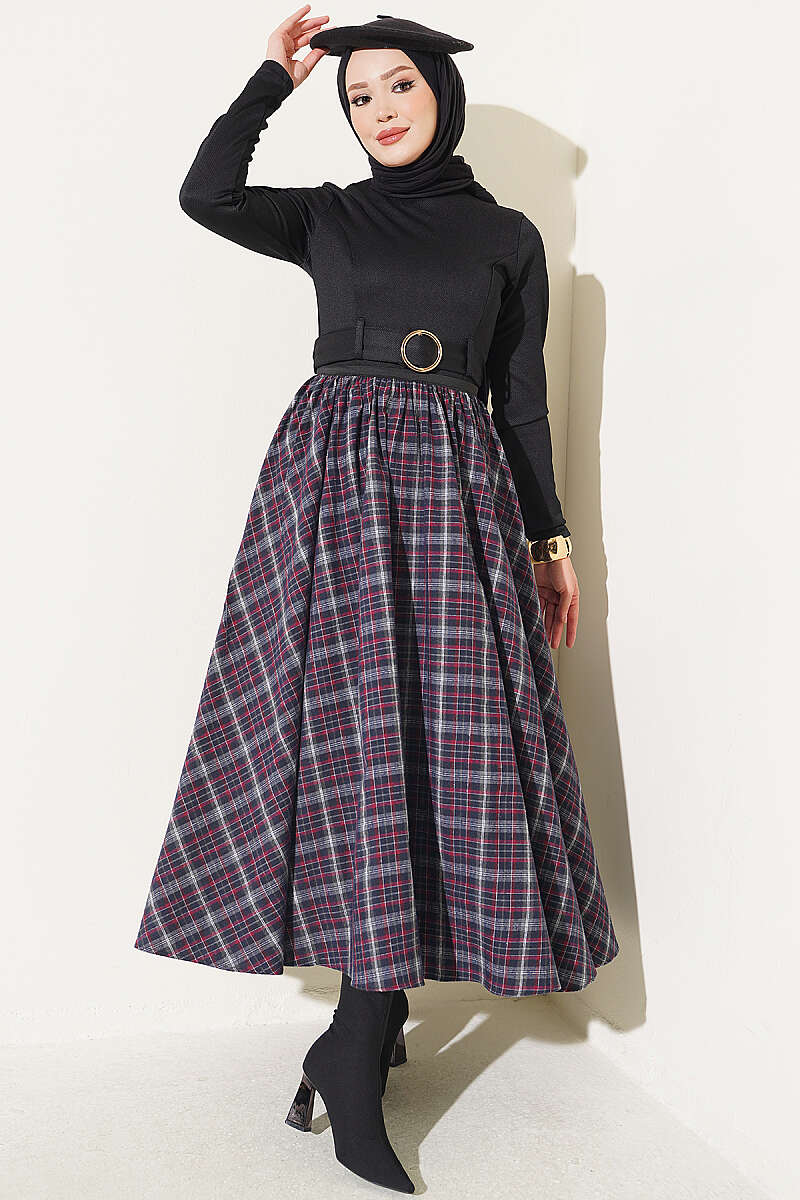 Plaid Flared Skirt with Elastic Waist - Burgundy