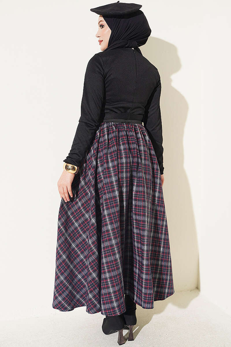 Plaid Flared Skirt with Elastic Waist - Burgundy