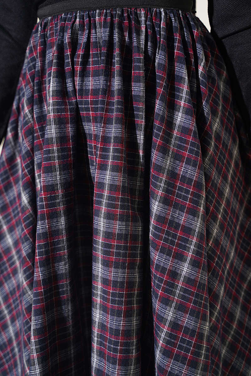 Plaid Flared Skirt with Elastic Waist - Burgundy