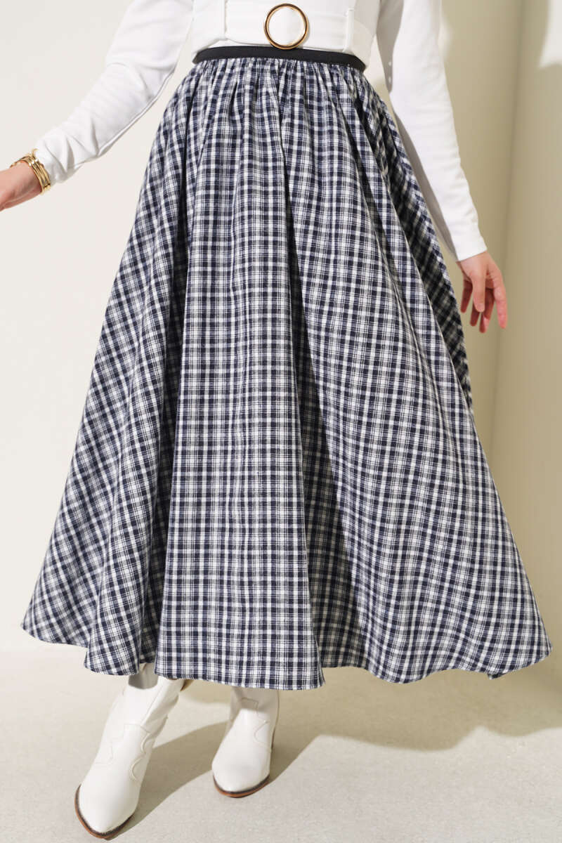 Plaid Flared Skirt with Elastic Waist - Ecru