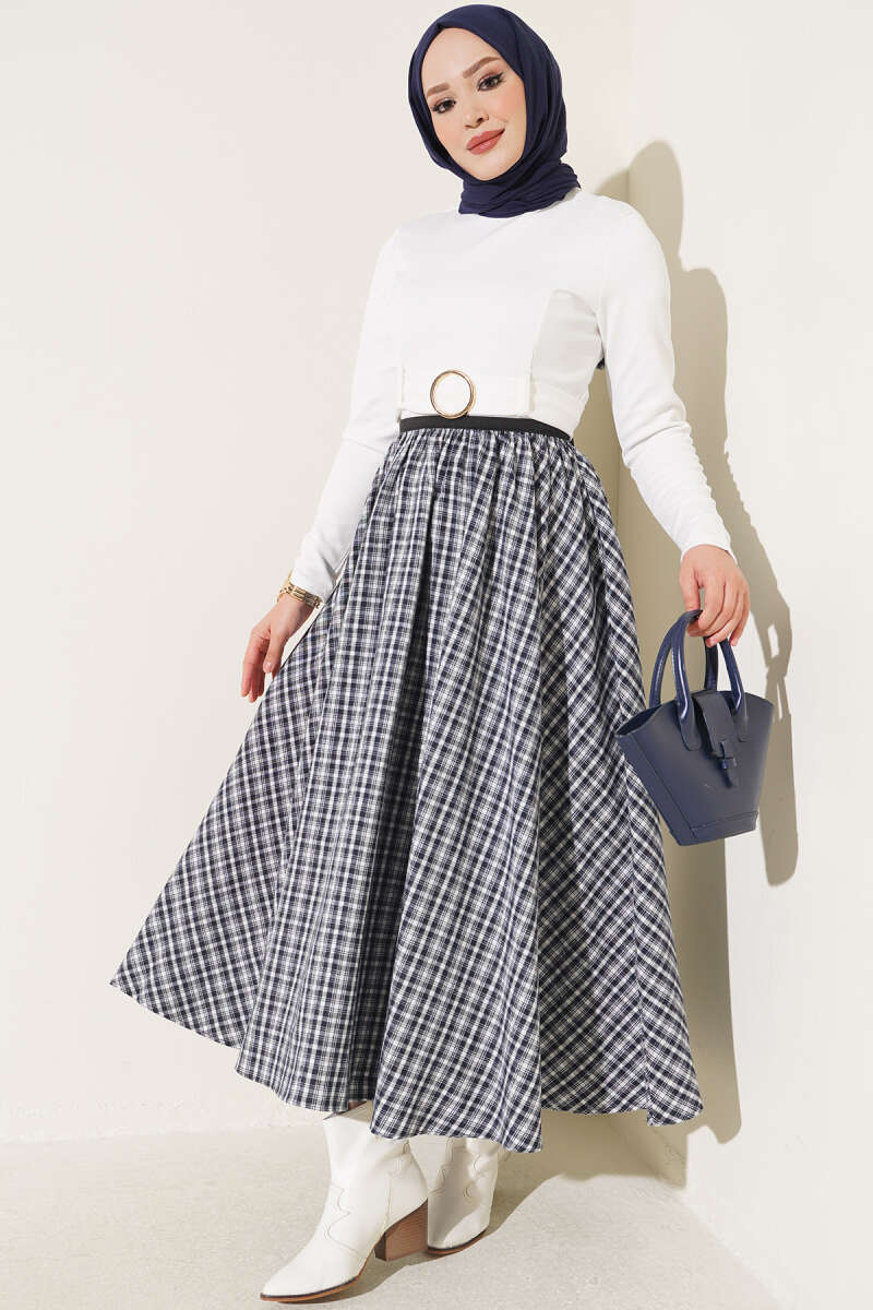Plaid Flared Skirt with Elastic Waist - Ecru
