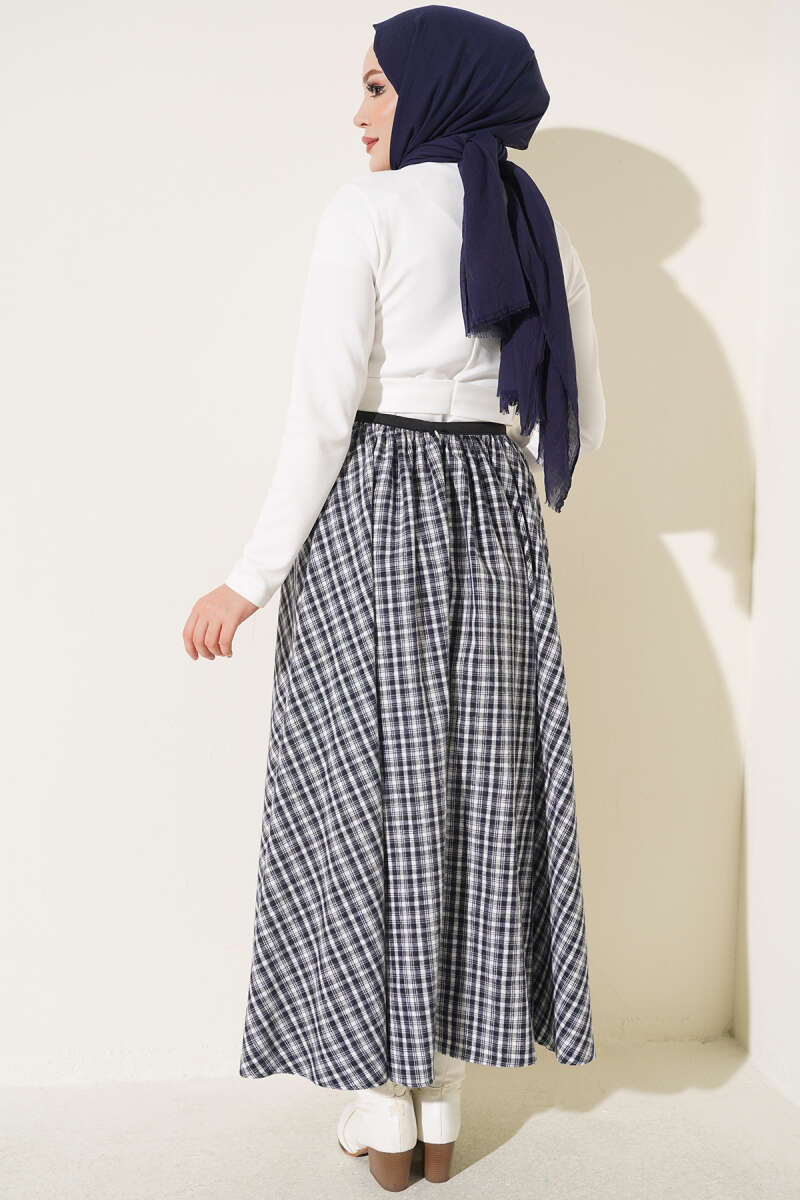Plaid Flared Skirt with Elastic Waist - Ecru