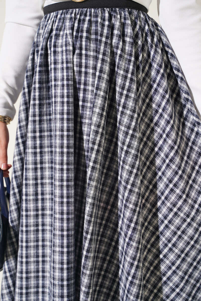 Plaid Flared Skirt with Elastic Waist - Ecru