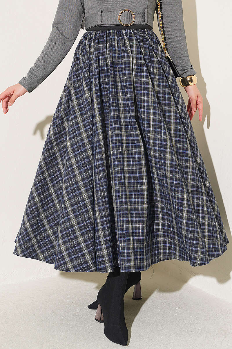 Plaid Flared Skirt with Elastic Waist - Khaki