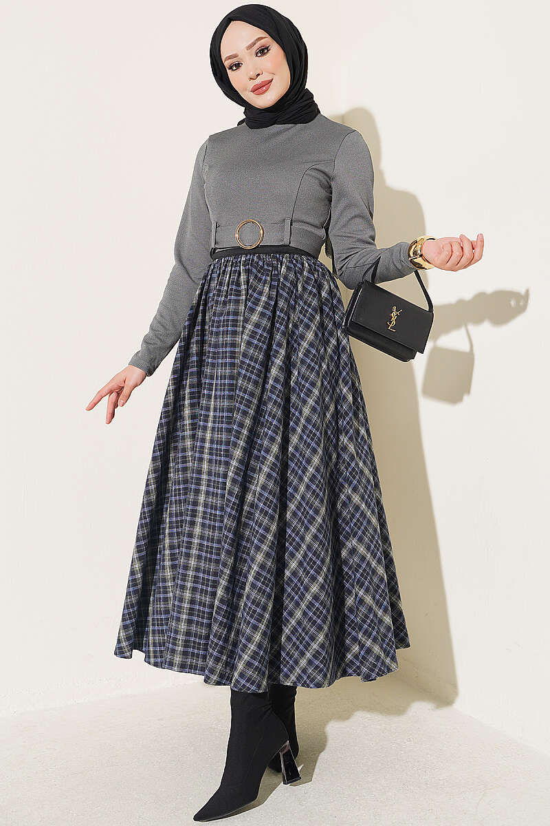 Plaid Flared Skirt with Elastic Waist - Khaki
