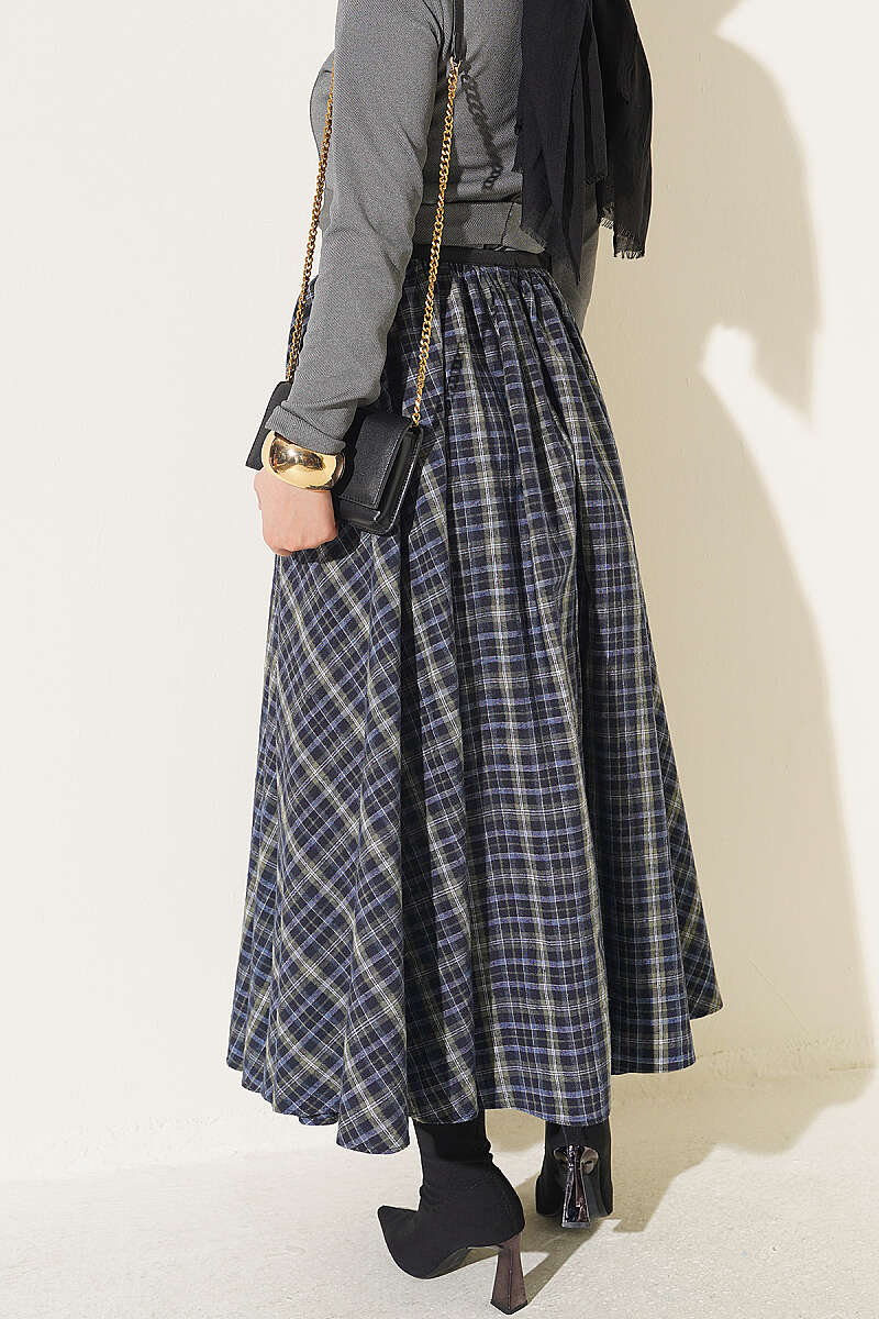 Plaid Flared Skirt with Elastic Waist - Khaki