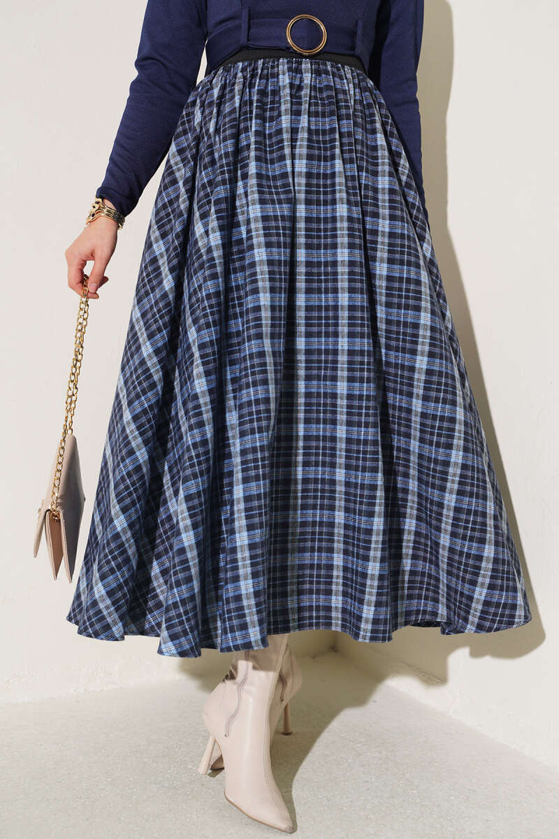Plaid Flared Skirt with Elastic Waist - Blue