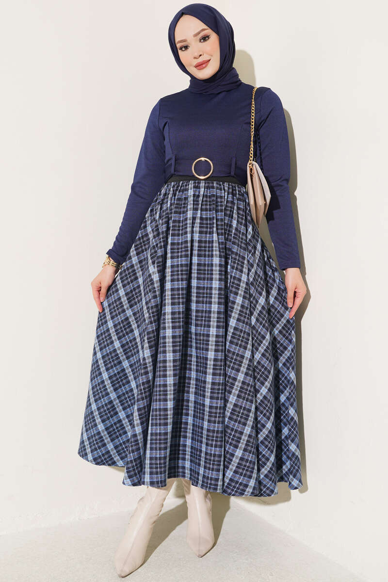 Plaid Flared Skirt with Elastic Waist - Blue