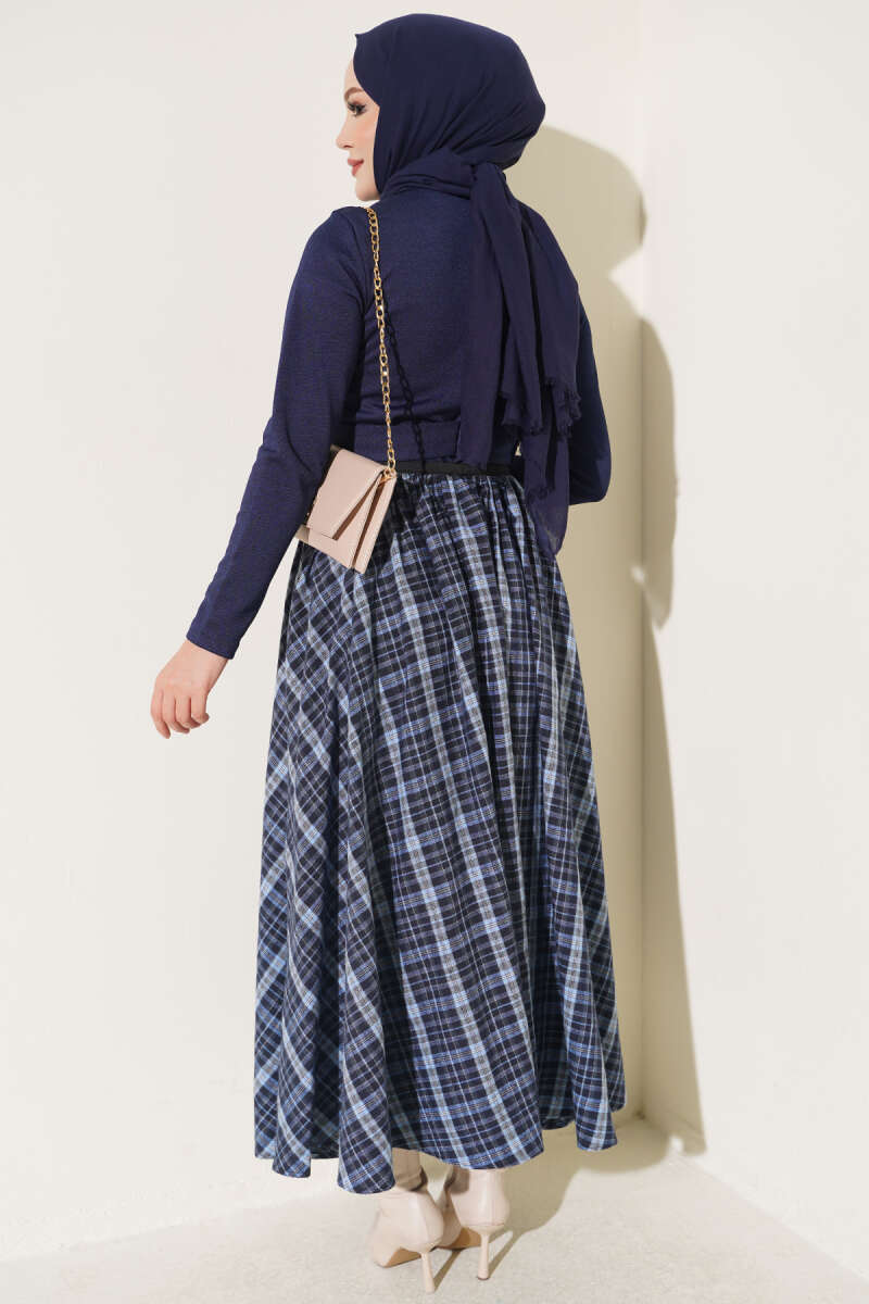 Plaid Flared Skirt with Elastic Waist - Blue