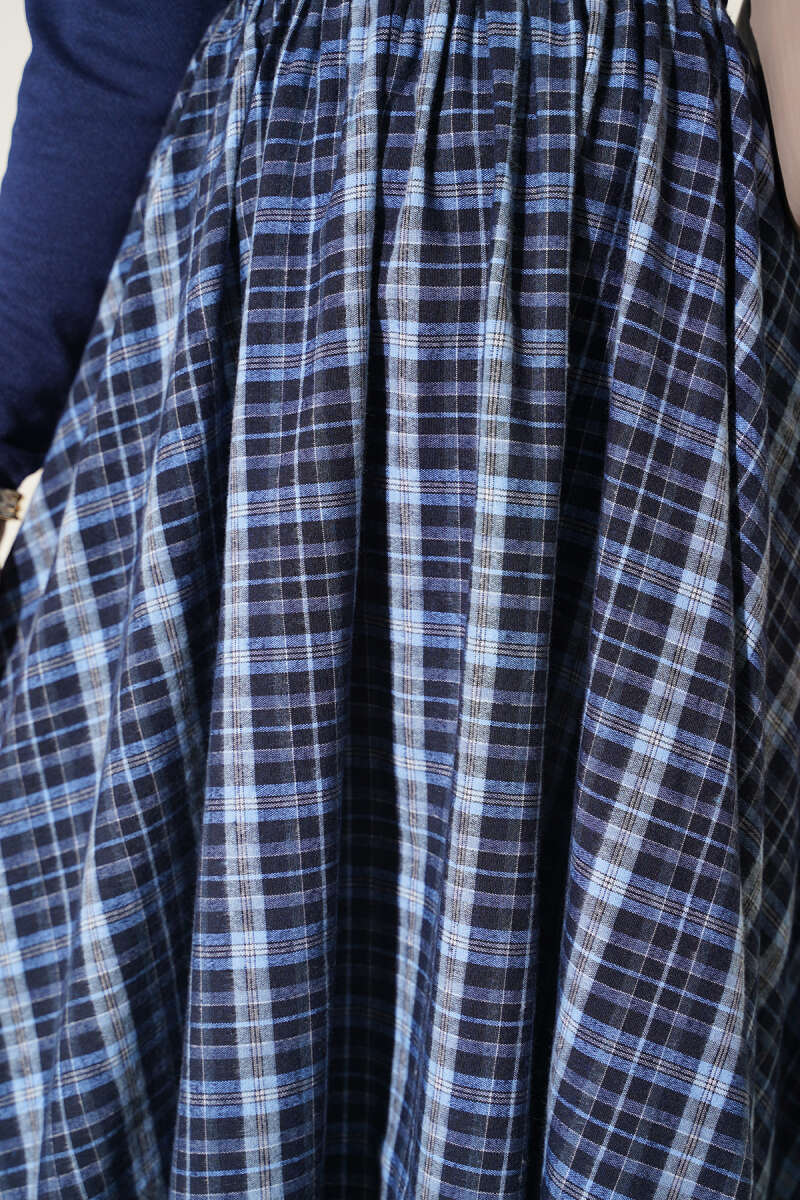 Plaid Flared Skirt with Elastic Waist - Blue