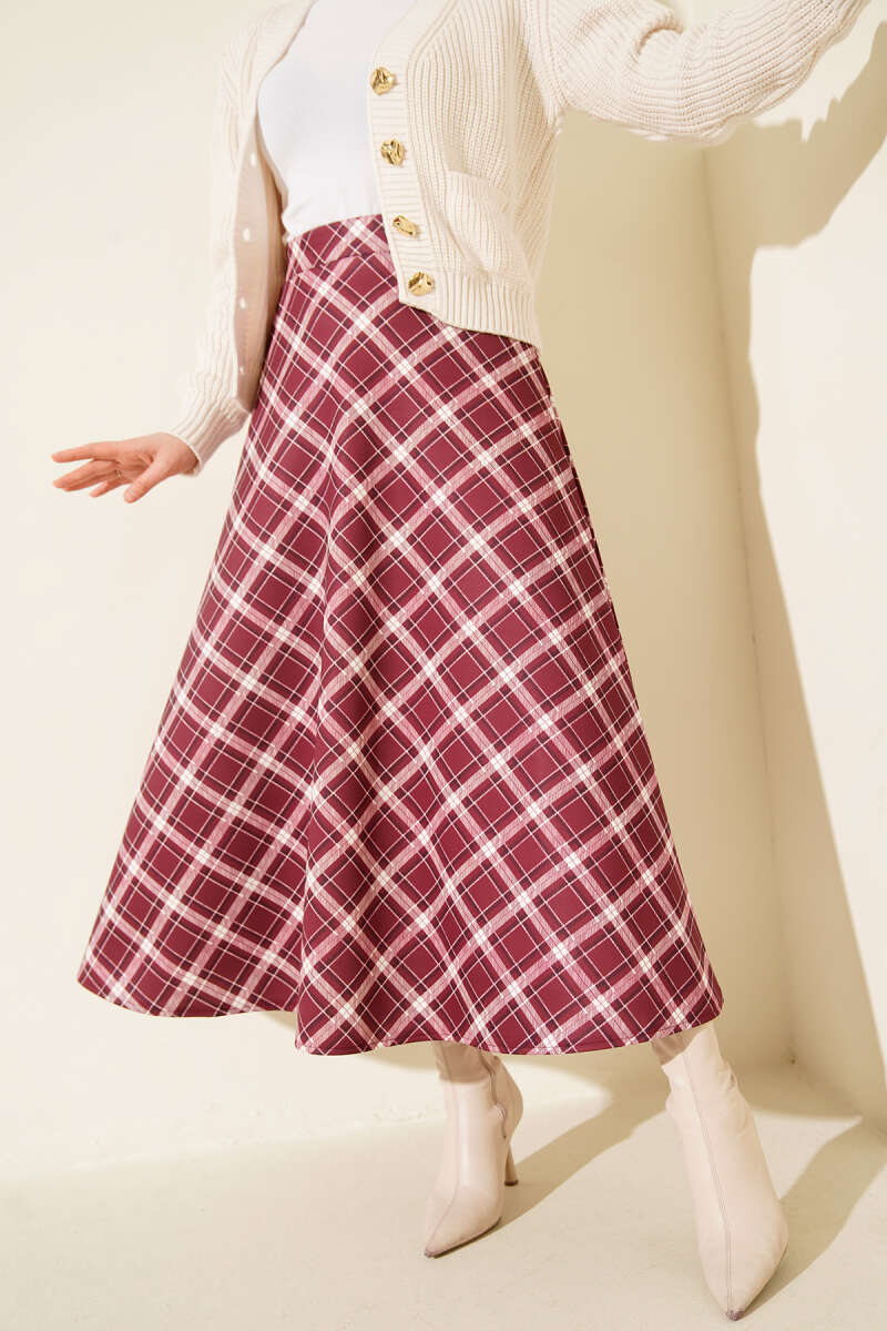 Plaid Scuba Skirt with Elastic Waist - Dusty Rose