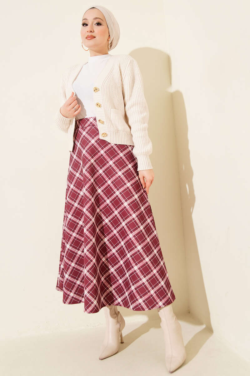 Plaid Scuba Skirt with Elastic Waist - Dusty Rose