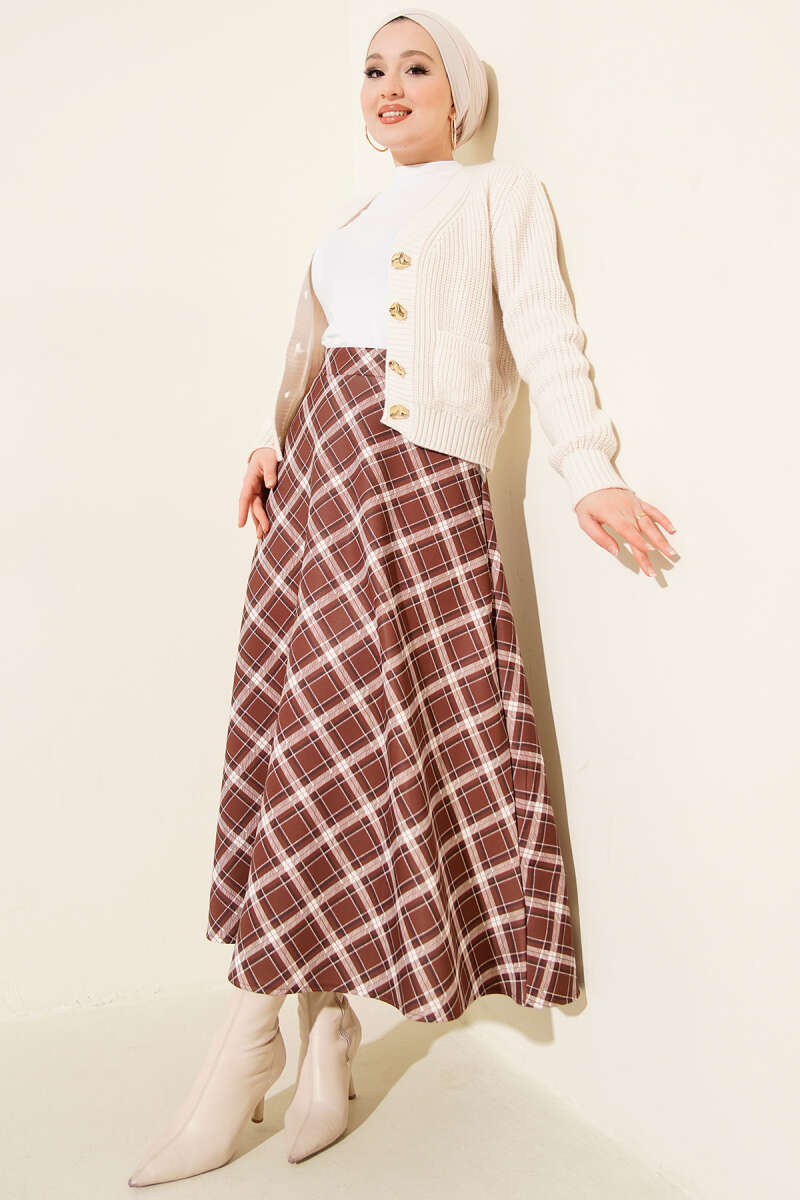 Plaid Scuba Skirt with Elastic Waist - Brown