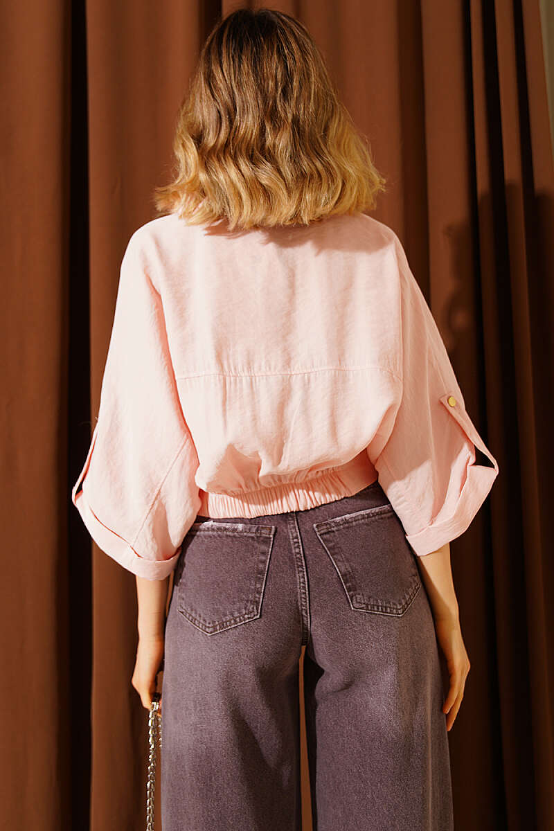 Short Shirt with Elastic Waist and Cap Sleeves - Powder