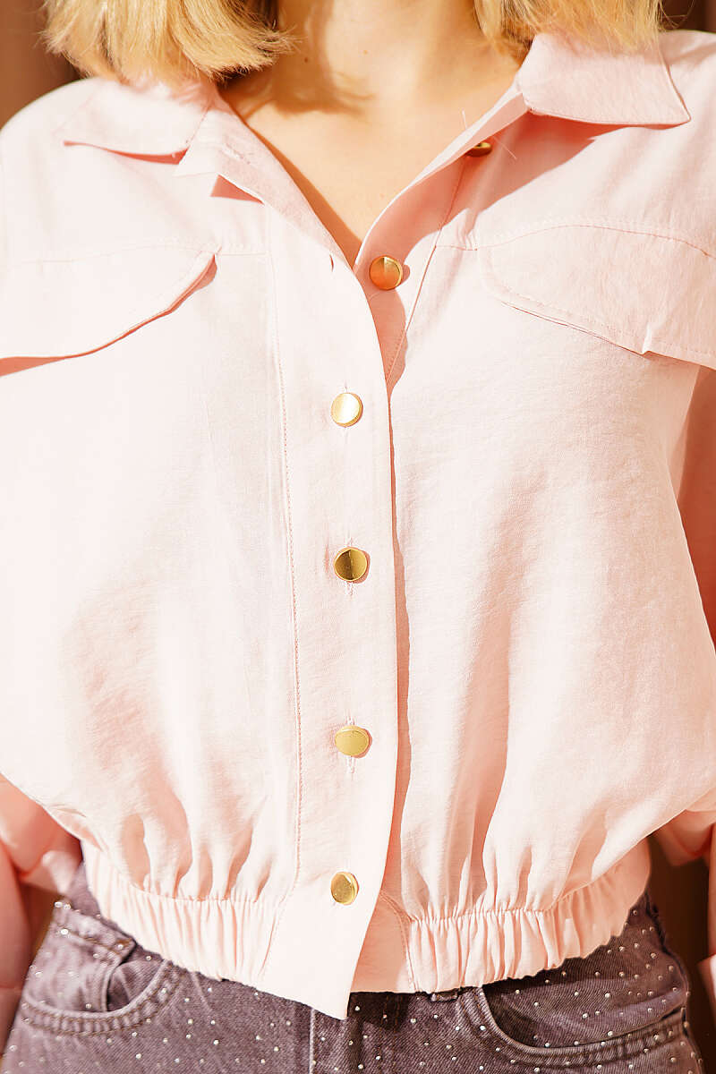Short Shirt with Elastic Waist and Cap Sleeves - Powder