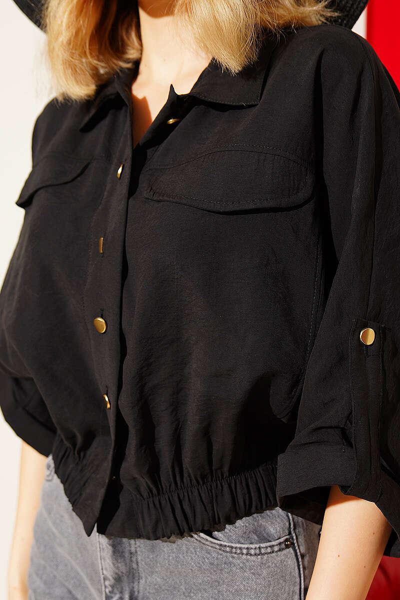 Short Shirt with Elastic Waist and Cap Sleeves - Black