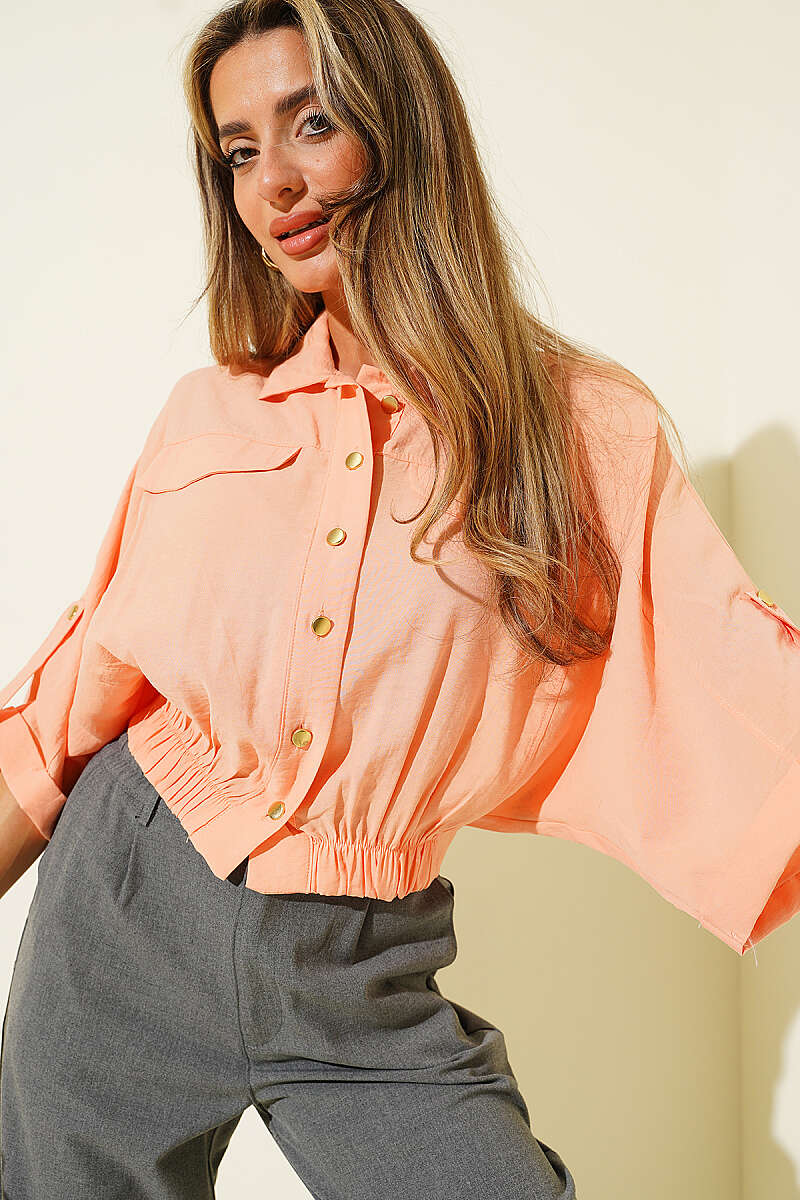 Short Shirt with Elastic Waist and Cap Sleeves - Peach
