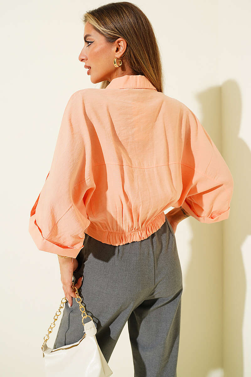 Short Shirt with Elastic Waist and Cap Sleeves - Peach