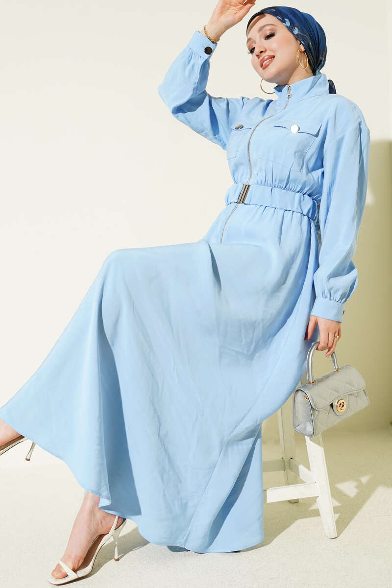 Zip Tencel Dress with Elastic Waist - Light Blue