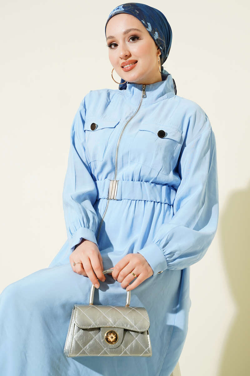 Zip Tencel Dress with Elastic Waist - Light Blue