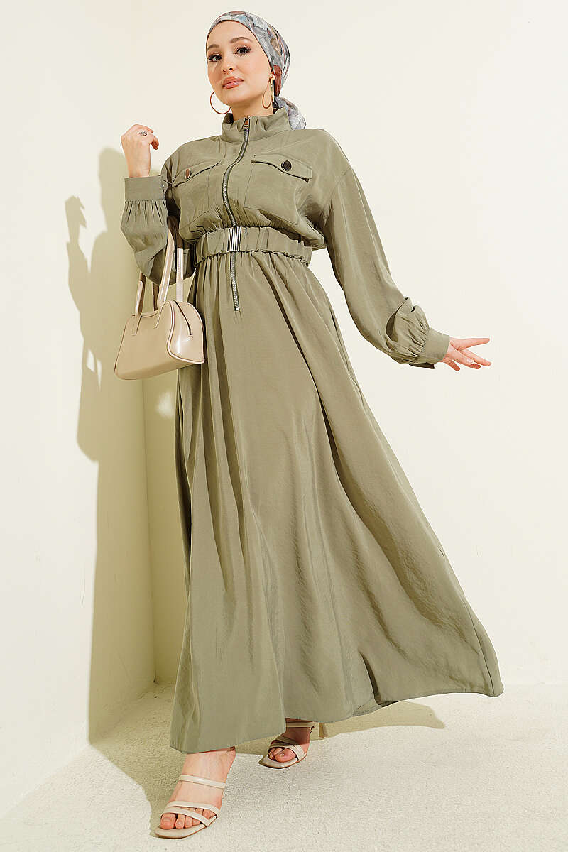 Zip Tencel Dress with Elastic Waist - Almond Green