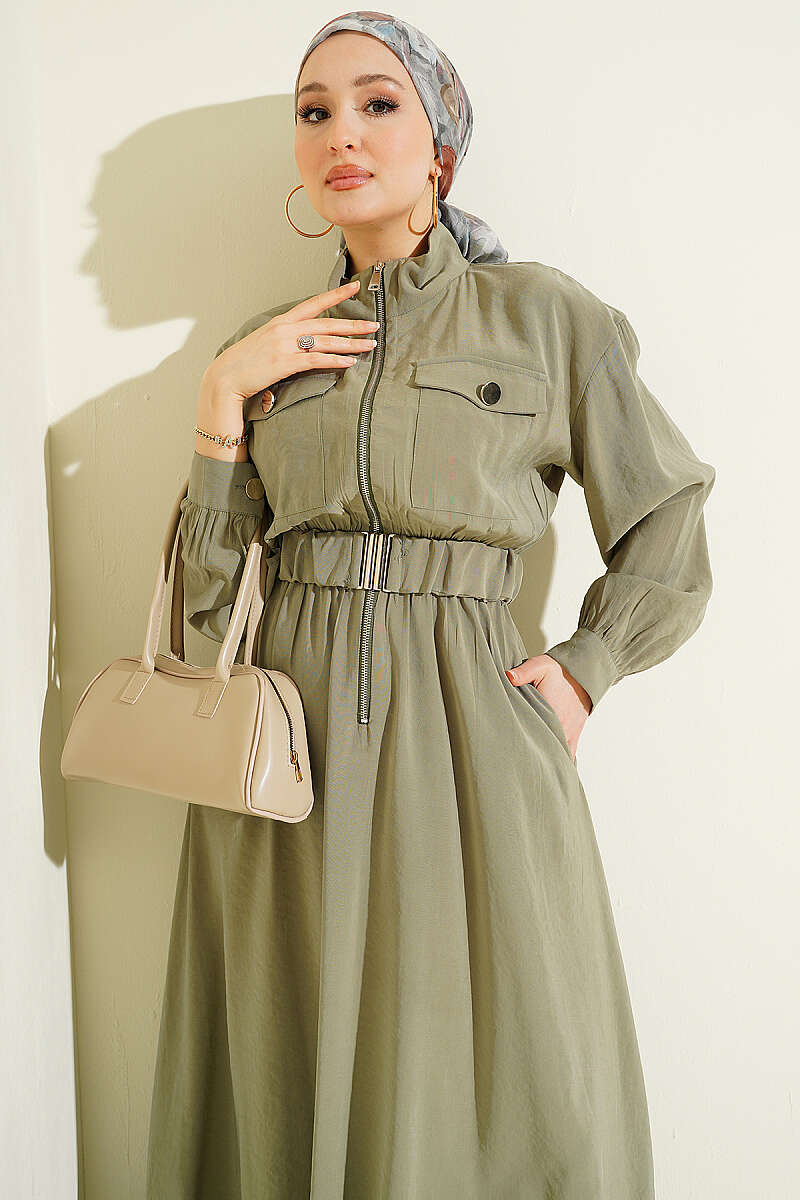 Zip Tencel Dress with Elastic Waist - Almond Green