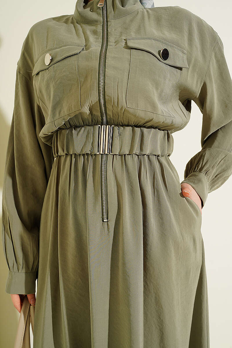 Zip Tencel Dress with Elastic Waist - Almond Green