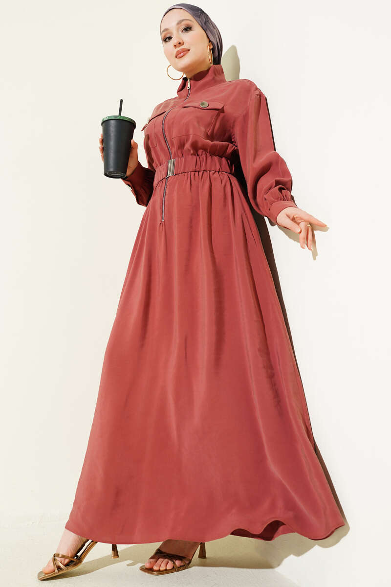 Zip Tencel Dress with Elastic Waist - Dusty Rose
