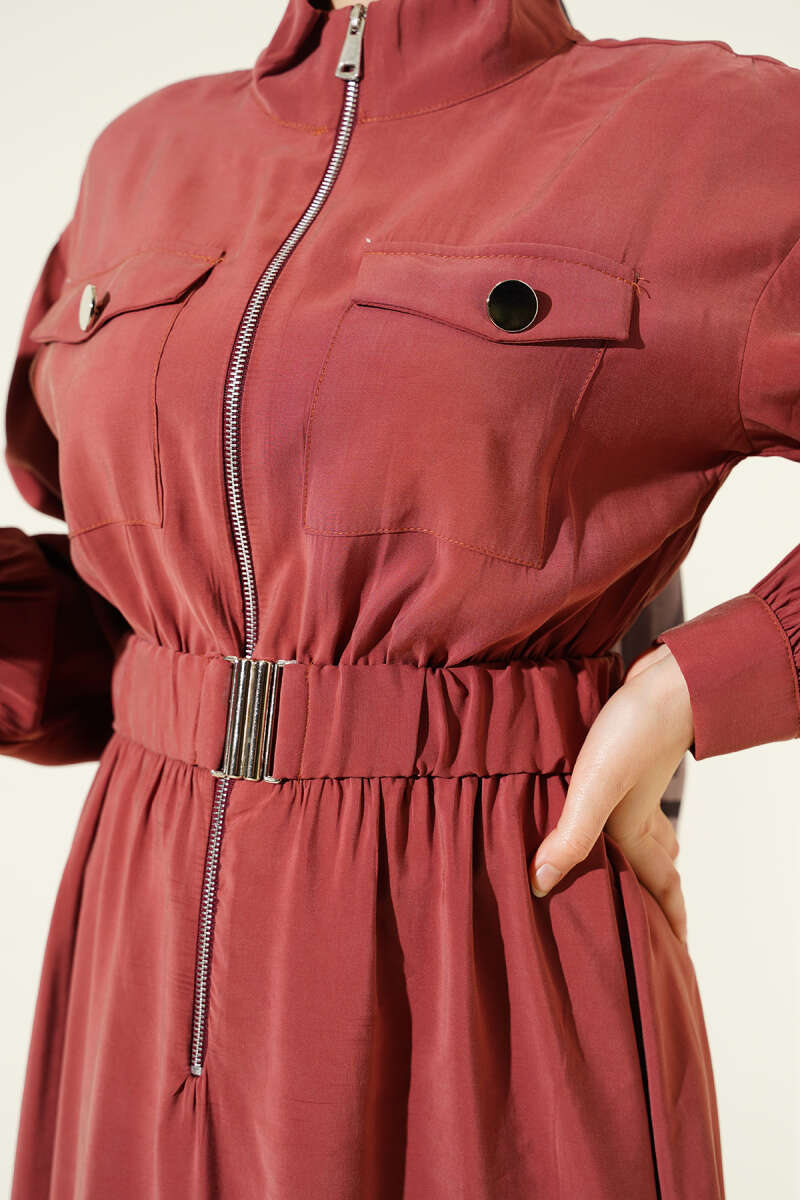 Zip Tencel Dress with Elastic Waist - Dusty Rose