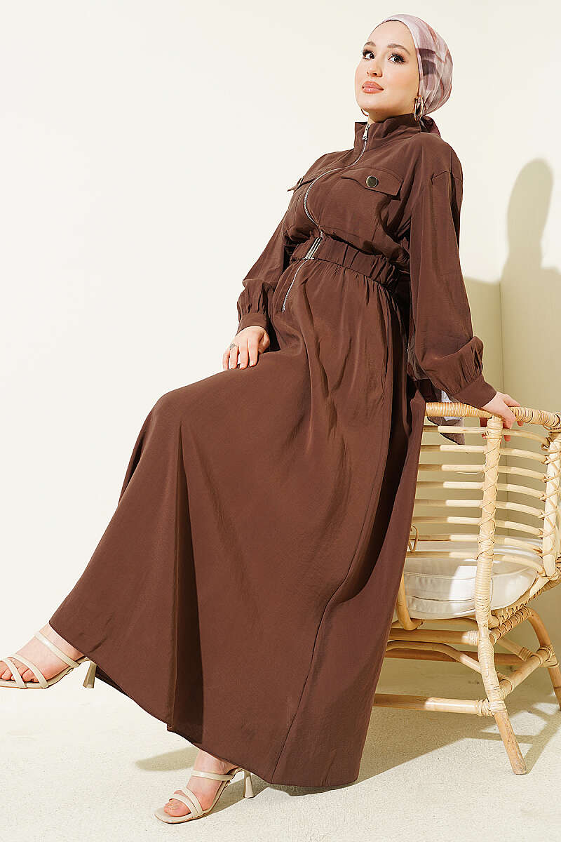 Zip Tencel Dress with Elastic Waist - Brown