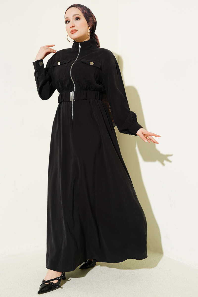 Zip Tencel Dress with Elastic Waist - Black