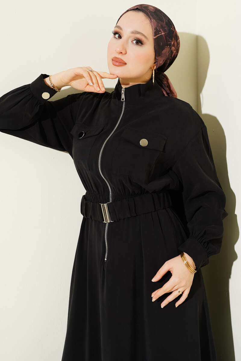 Zip Tencel Dress with Elastic Waist - Black