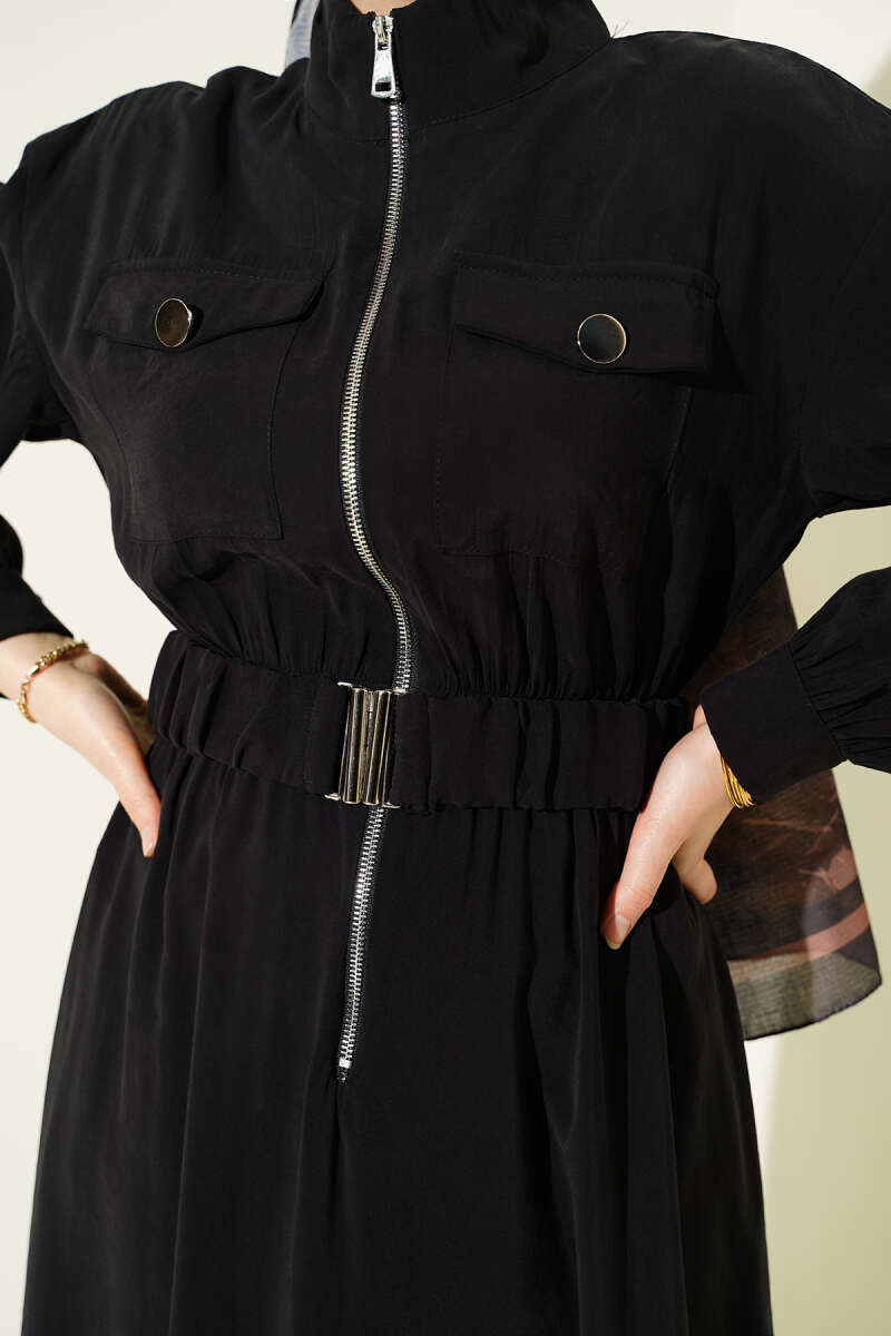Zip Tencel Dress with Elastic Waist - Black