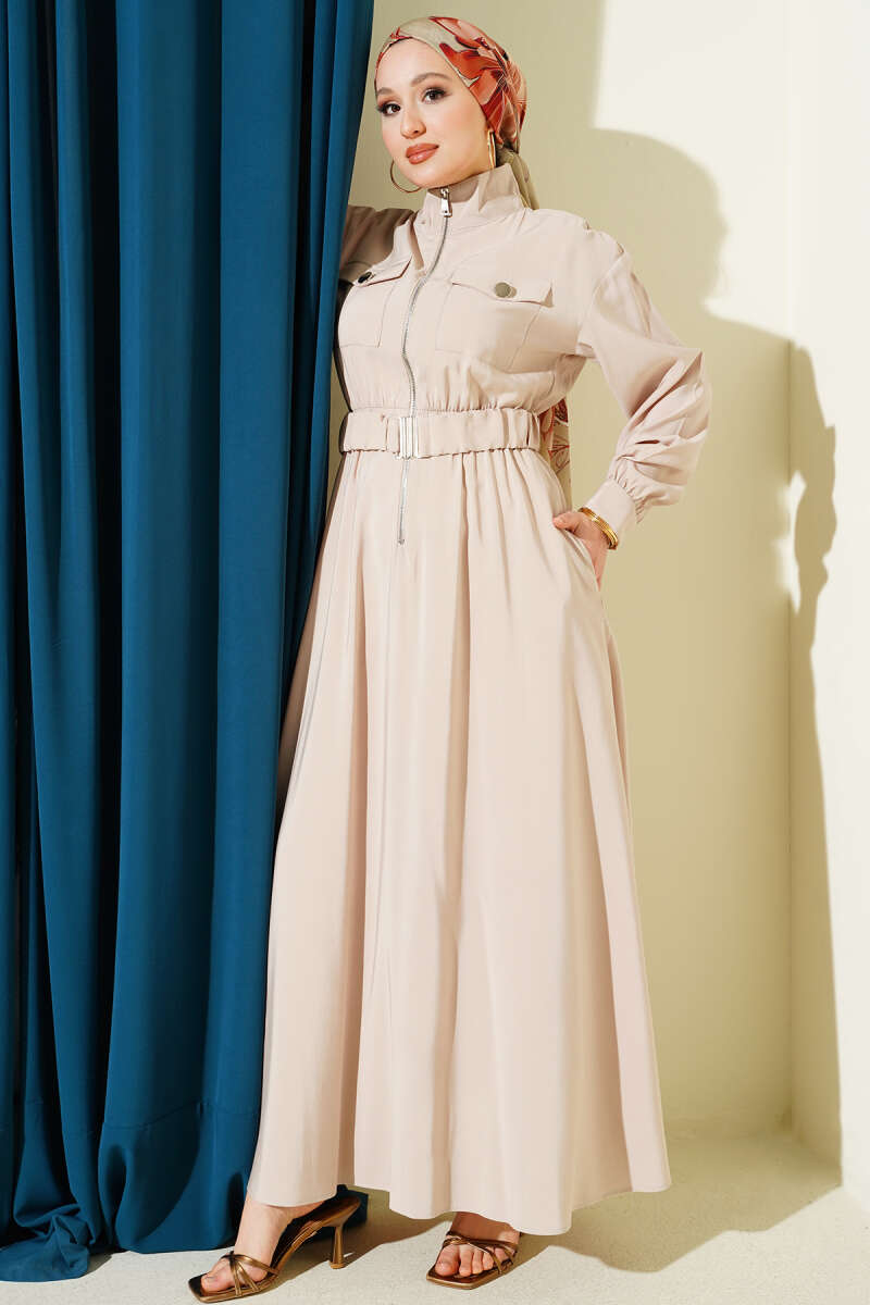Zip Tencel Dress with Elastic Waist - Stone