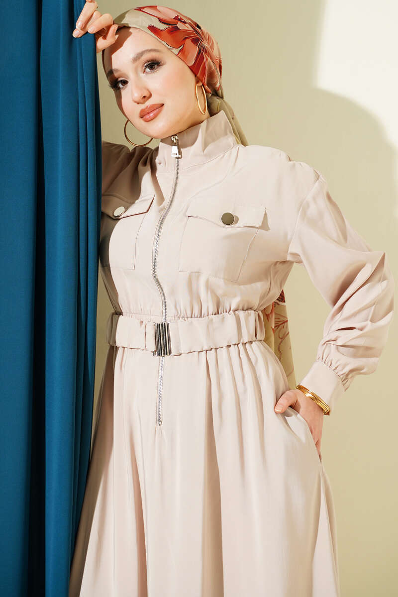 Zip Tencel Dress with Elastic Waist - Stone