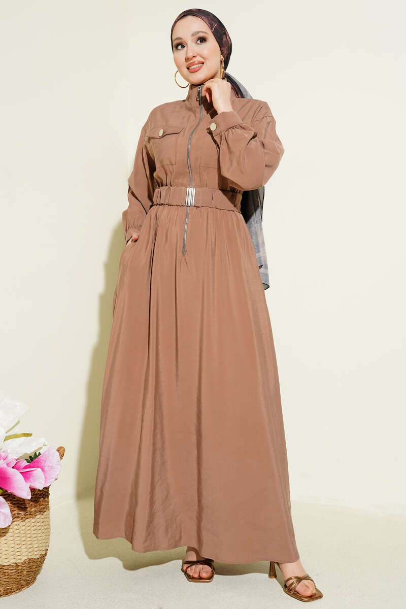 Zip Tencel Dress with Elastic Waist - Mink