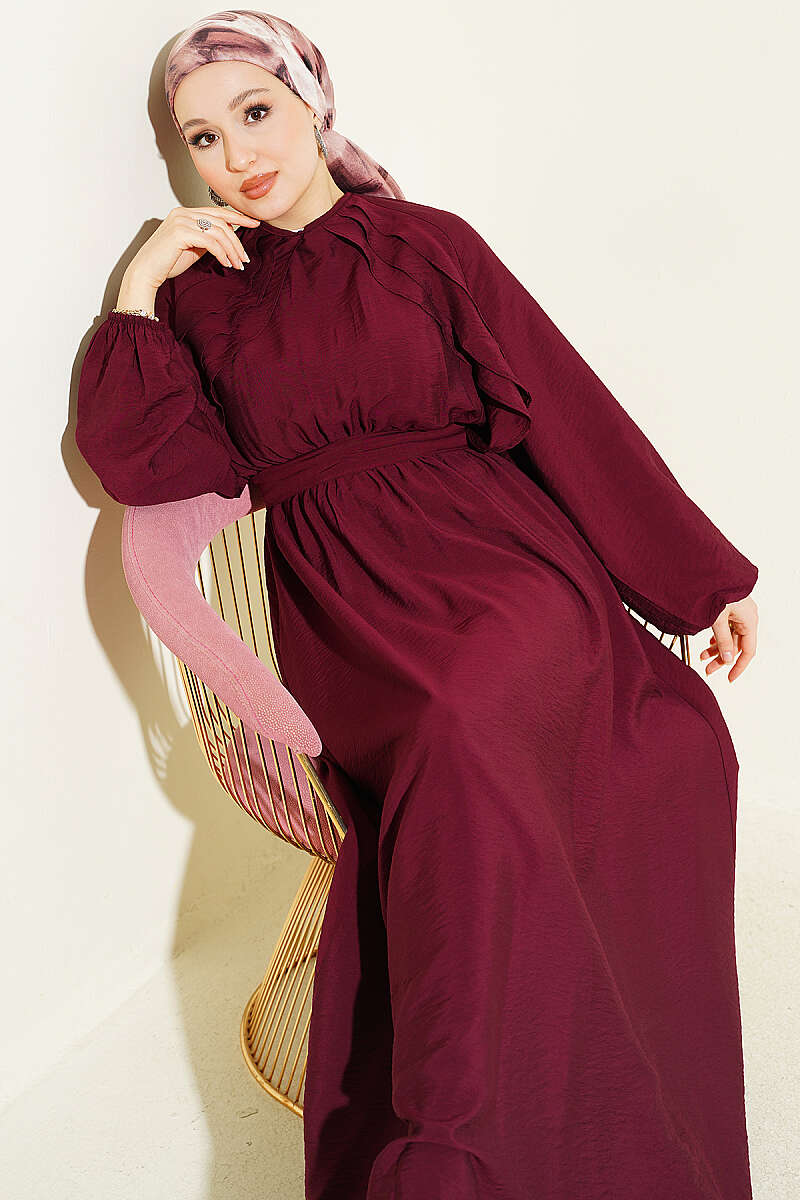 Belted Ruffle Dress with Elastic Waist - Burgundy