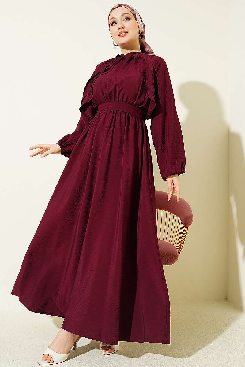Belted Ruffle Dress with Elastic Waist - Burgundy