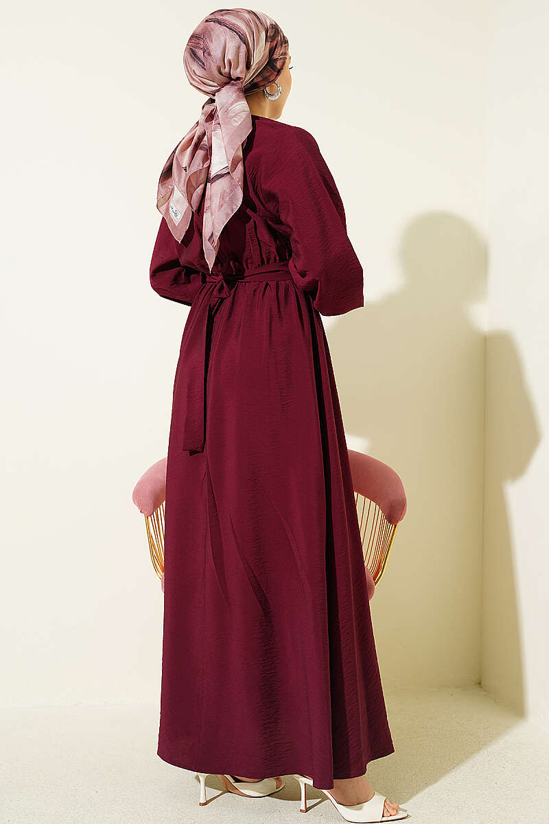 Belted Ruffle Dress with Elastic Waist - Burgundy