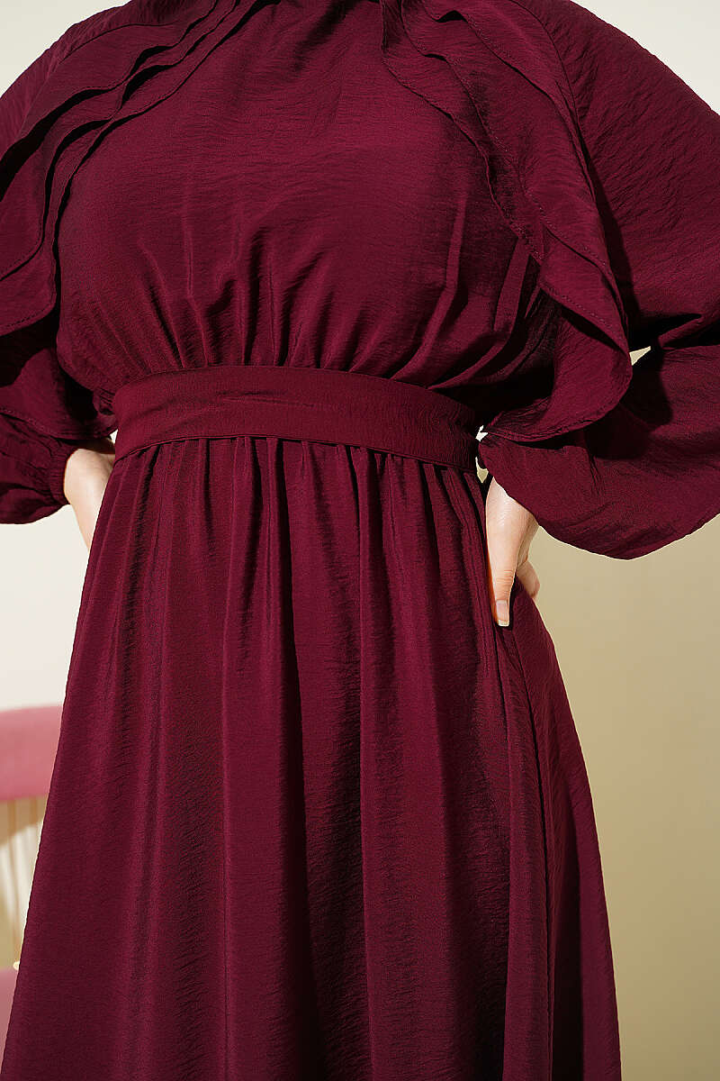Belted Ruffle Dress with Elastic Waist - Burgundy