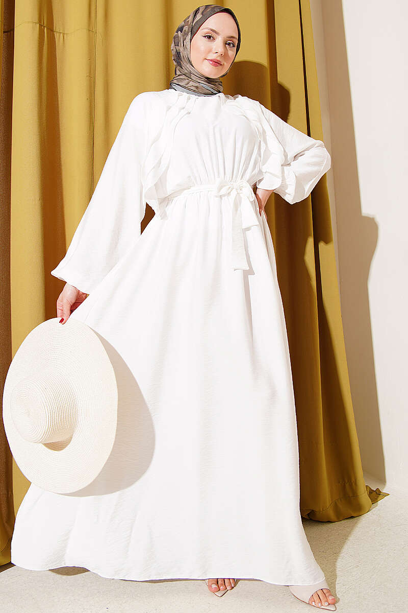 Belted Ruffle Dress with Elastic Waist - Ecru