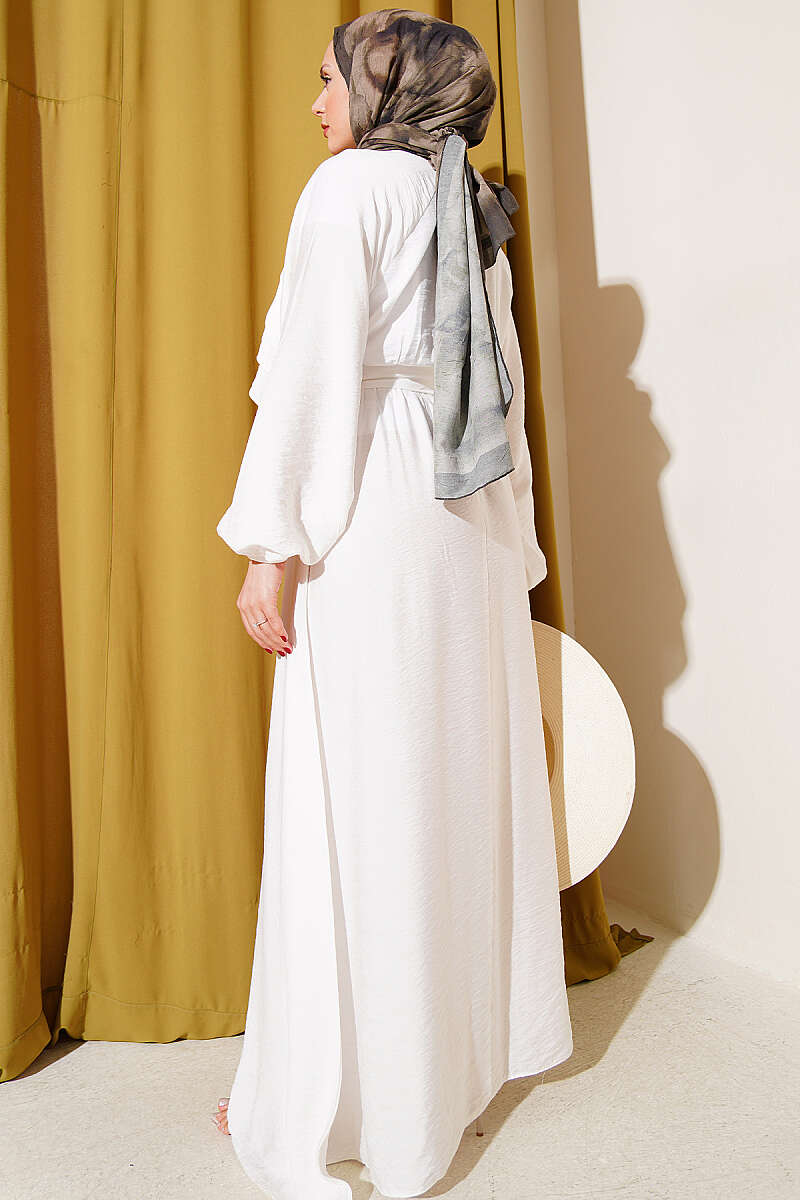 Belted Ruffle Dress with Elastic Waist - Ecru