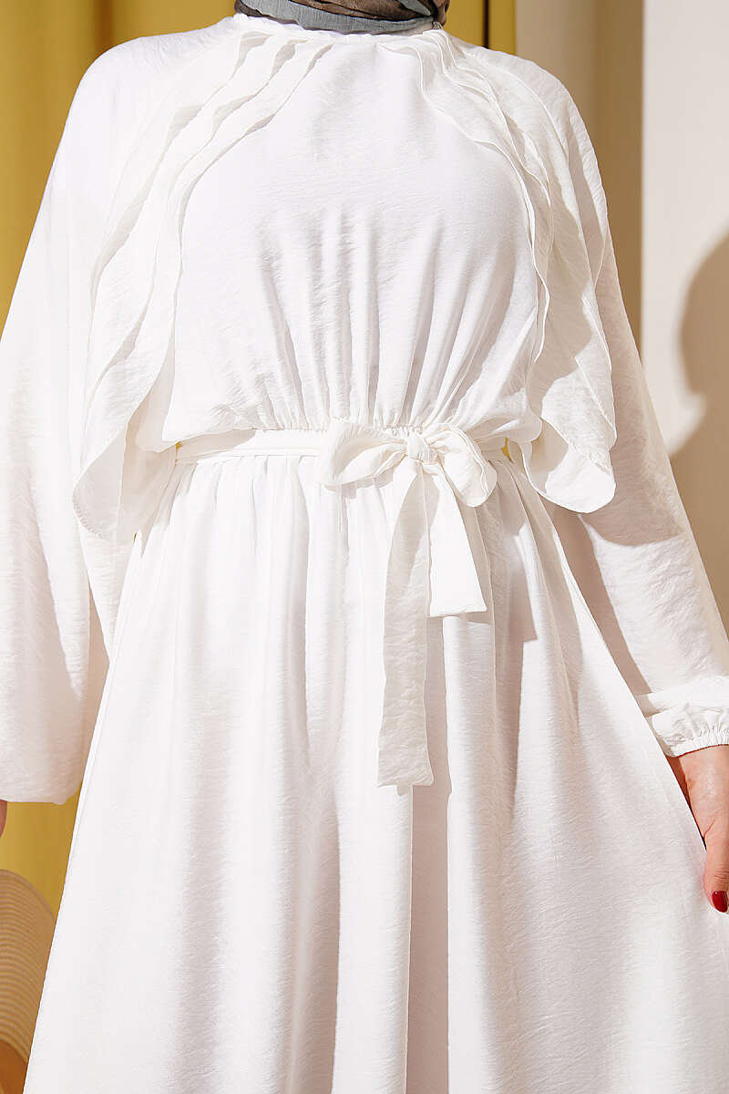 Belted Ruffle Dress with Elastic Waist - Ecru