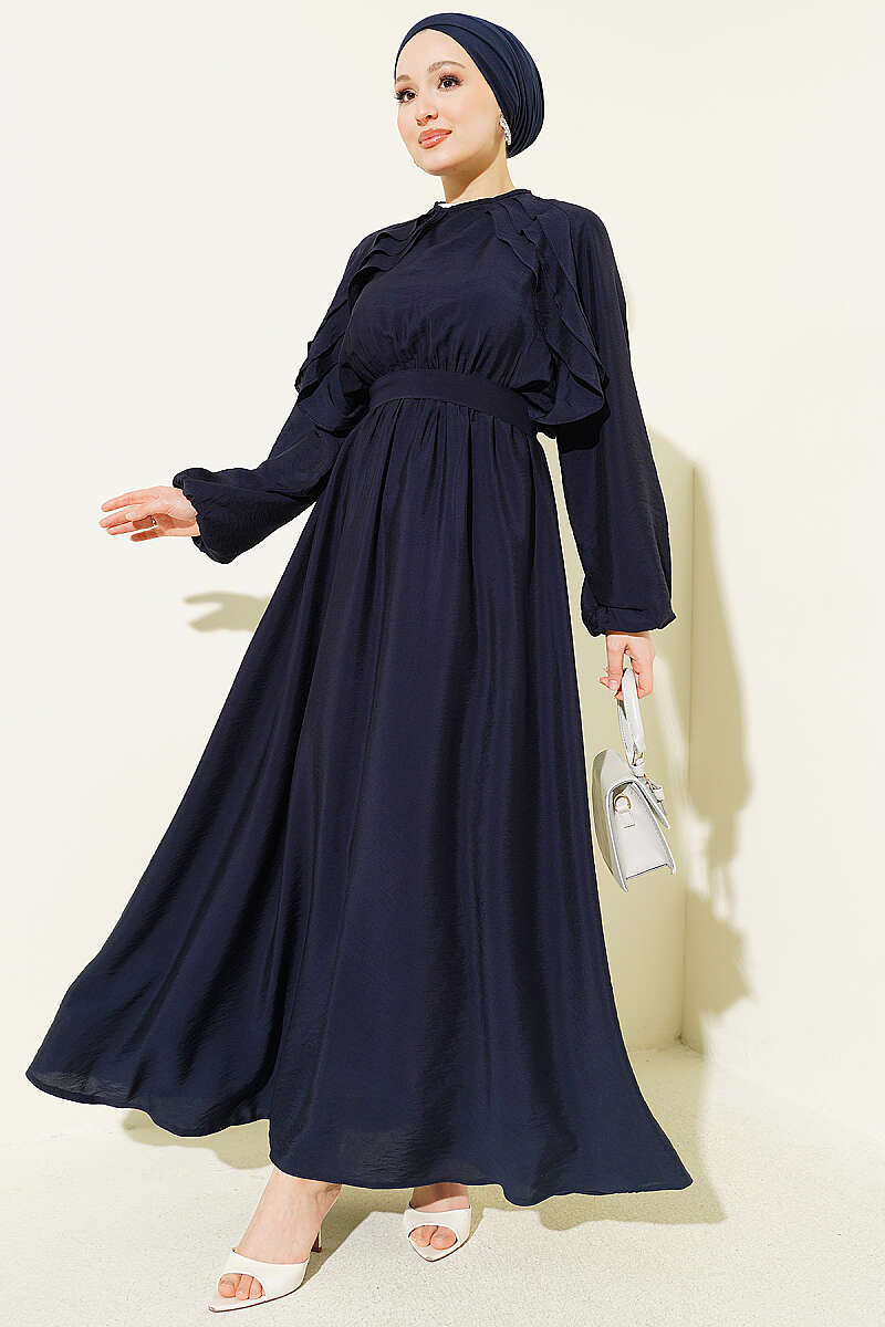 Belted Ruffle Dress with Elastic Waist - Navy