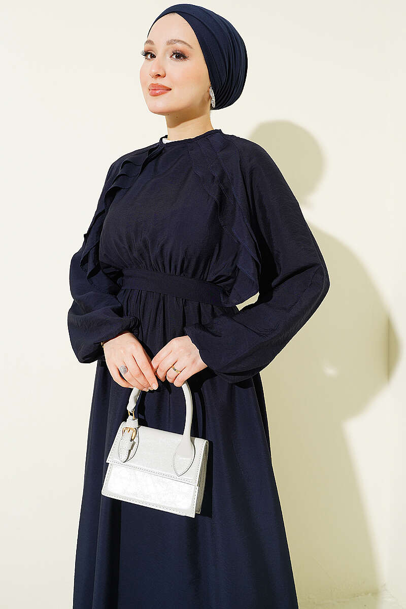 Belted Ruffle Dress with Elastic Waist - Navy