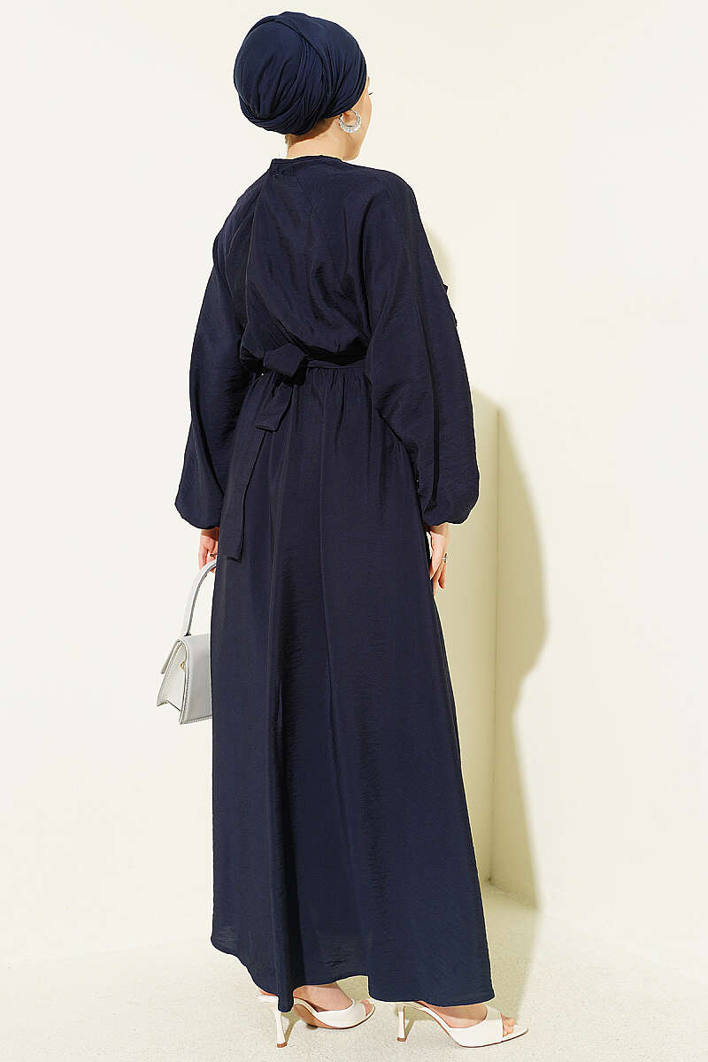 Belted Ruffle Dress with Elastic Waist - Navy