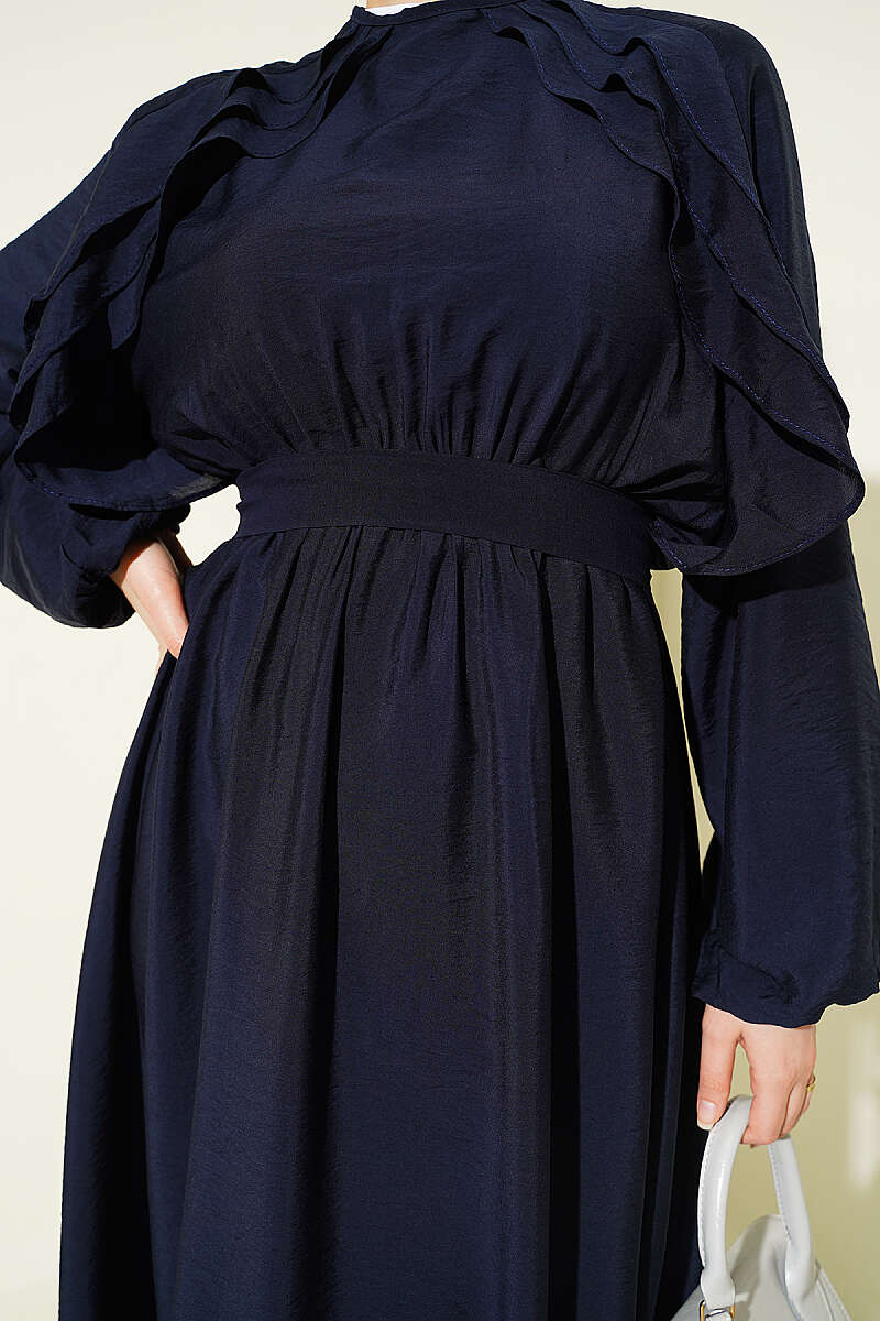 Belted Ruffle Dress with Elastic Waist - Navy
