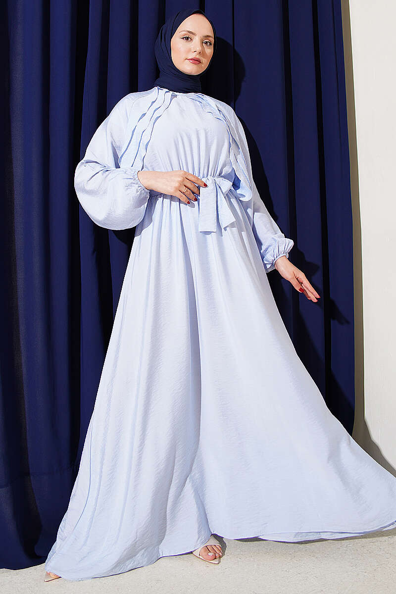 Belted Ruffle Dress with Elastic Waist - Blue