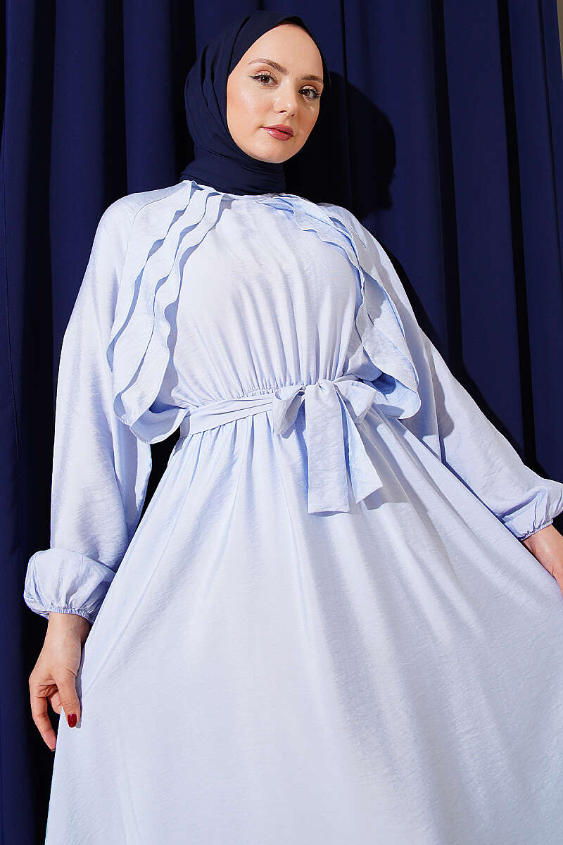 Belted Ruffle Dress with Elastic Waist - Blue